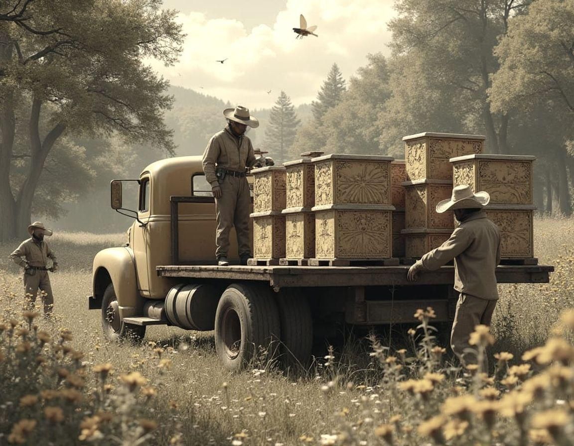 Beekeepers Load Beehives onto Flatbed Truck in Enchanting Ap...
