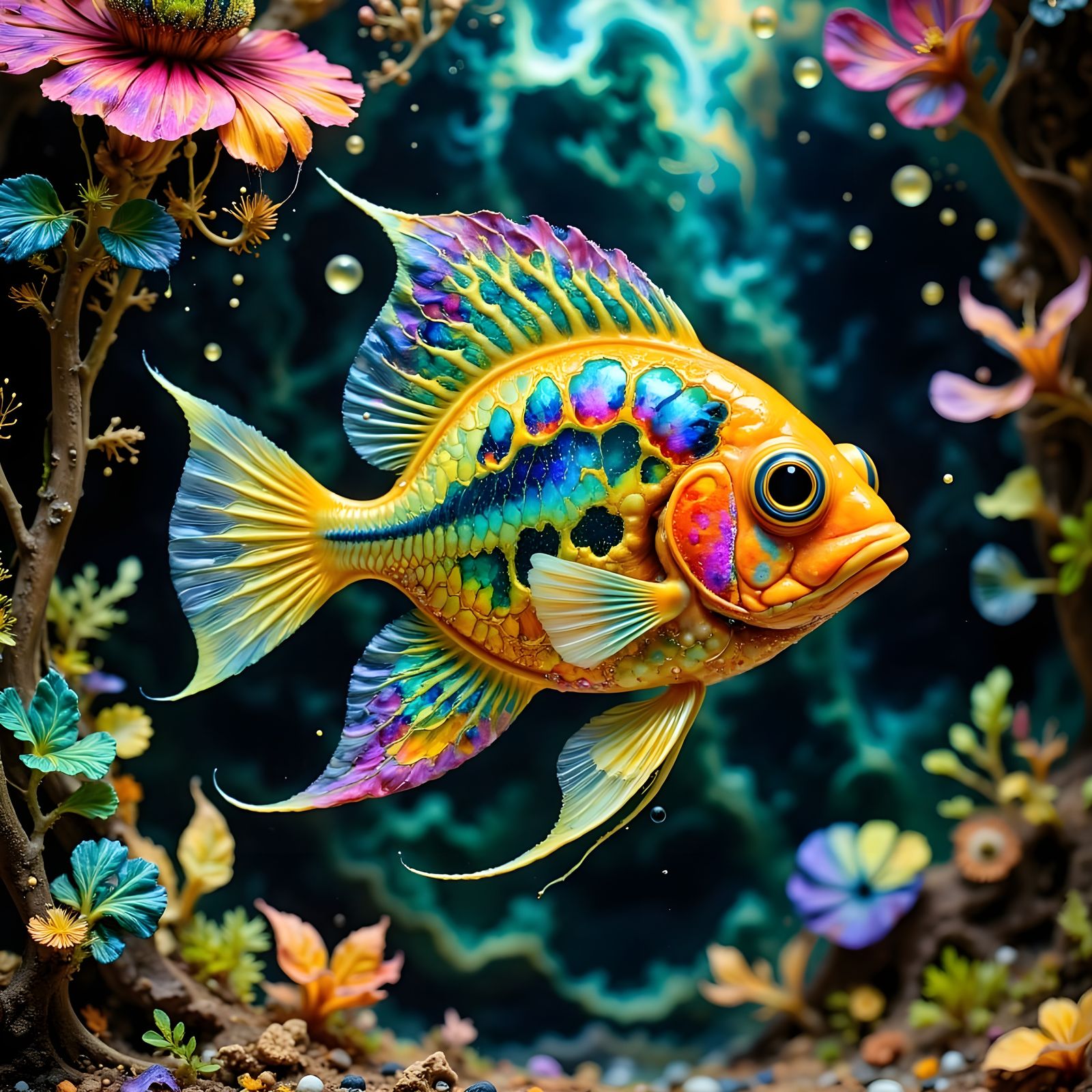 Vibrant Jewel Cichlid in a Kaleidoscopic Ocean Landscape