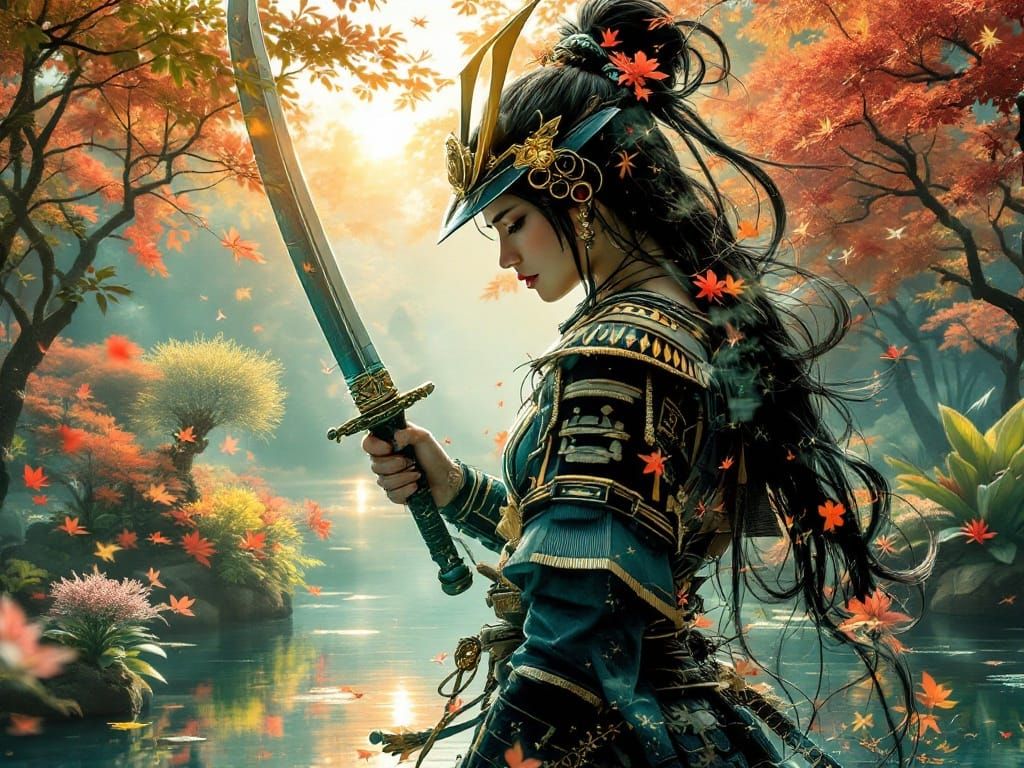 Enchanted Samurai Goddess Amidst Japanese Water Garden