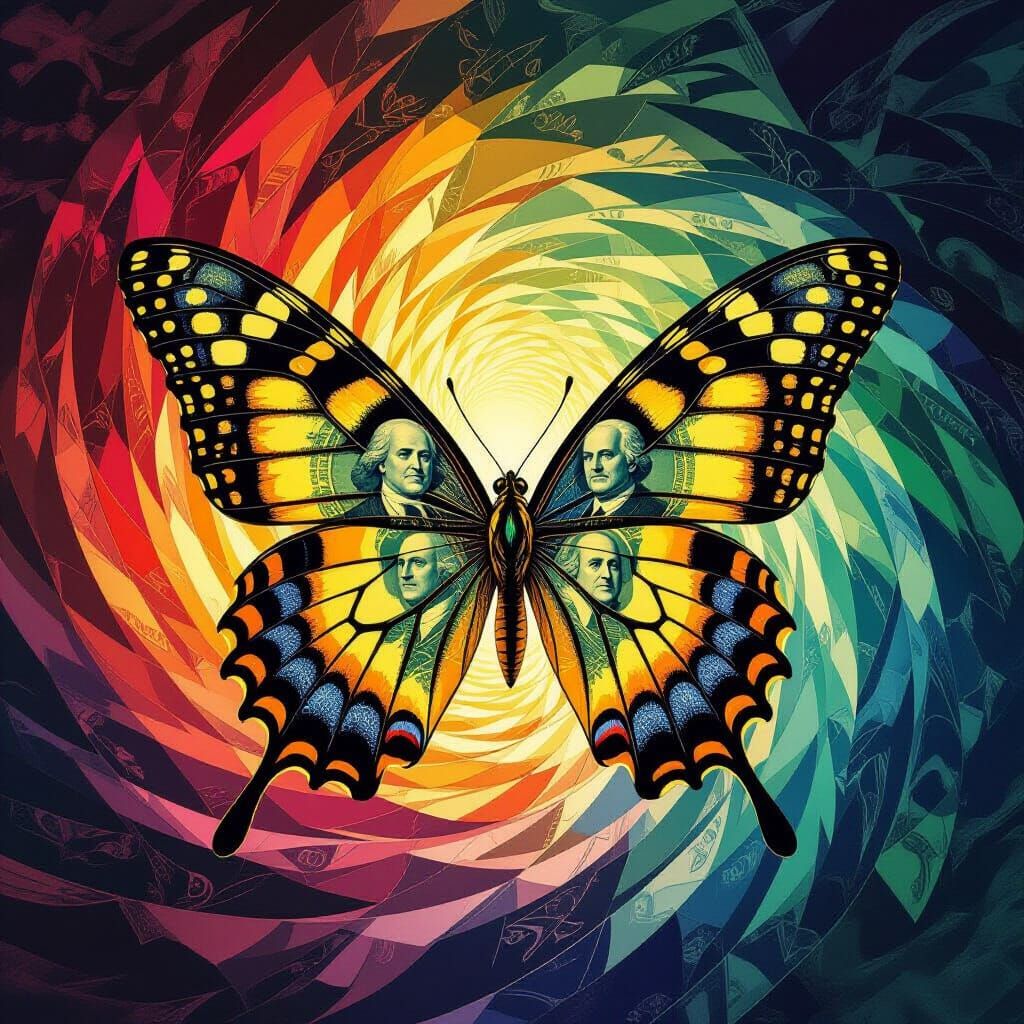 Giant Butterfly Emerges from Vortex of Banknotes