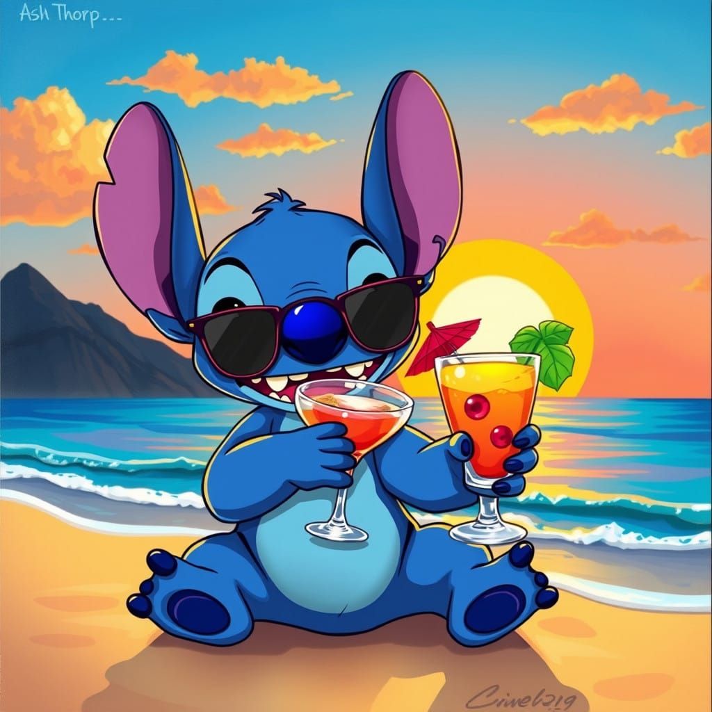 Blue Alien Sips Beachside Cocktail in Vibrant Pop Art Style