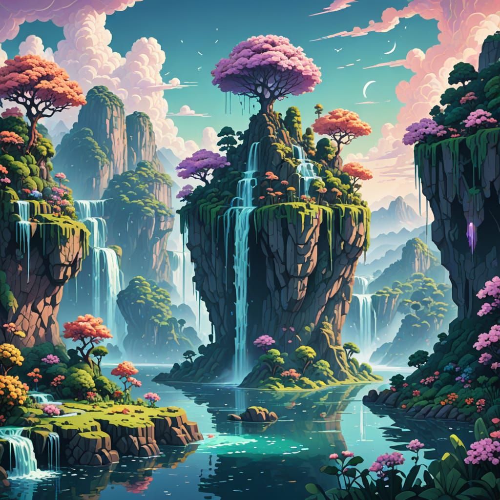 Surreal Pixel Art Landscape with Floating Islands and Sky Wa...