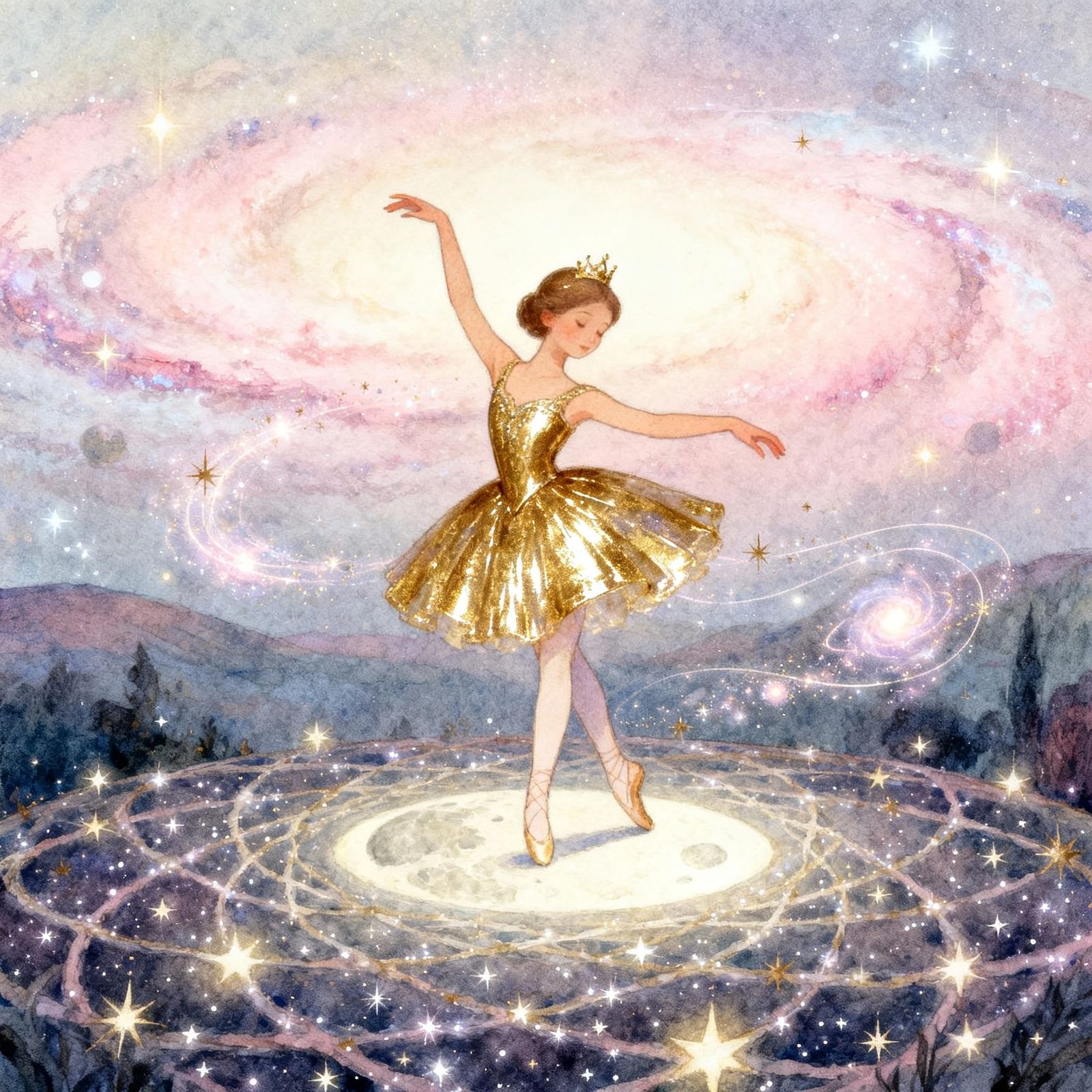 Princess Dancing on Stardust Stage in Gouache Style