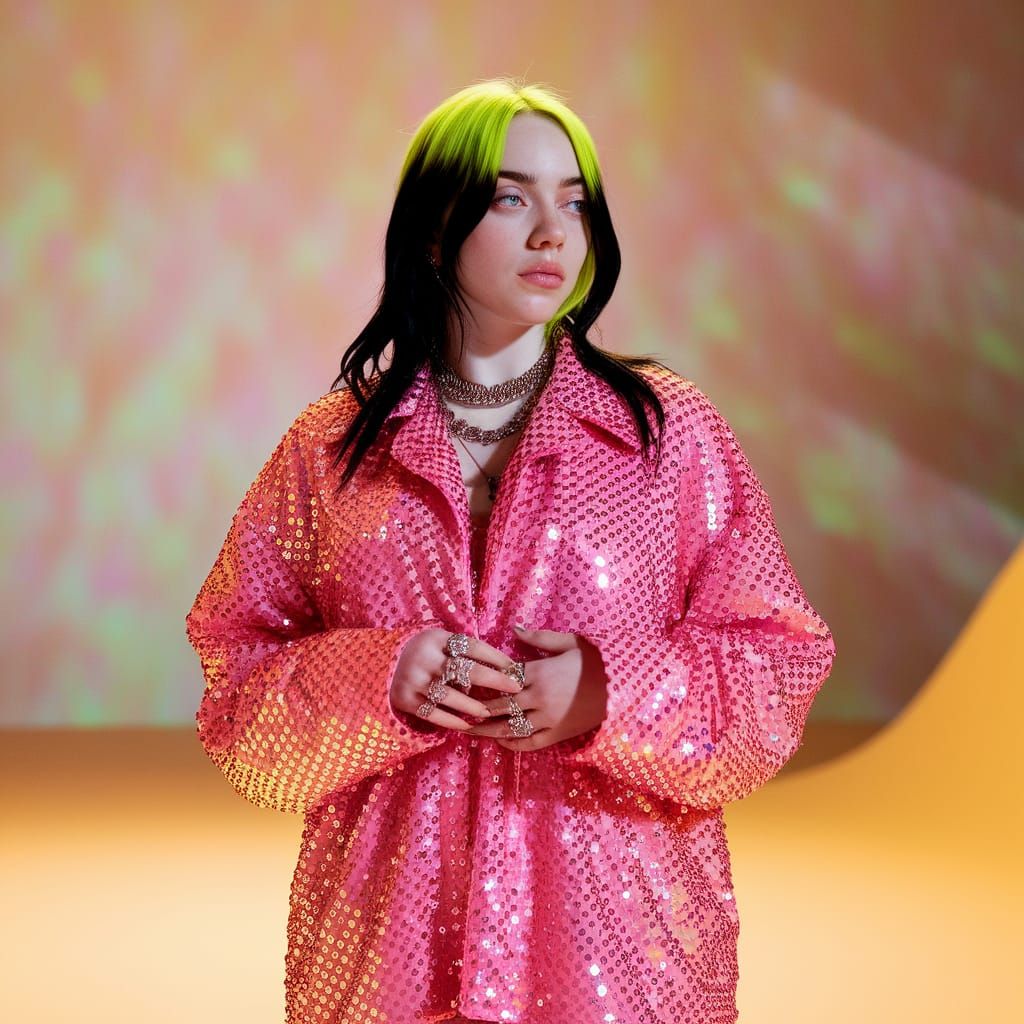 Billie Eilish in Whimsical Pink Studio Attire