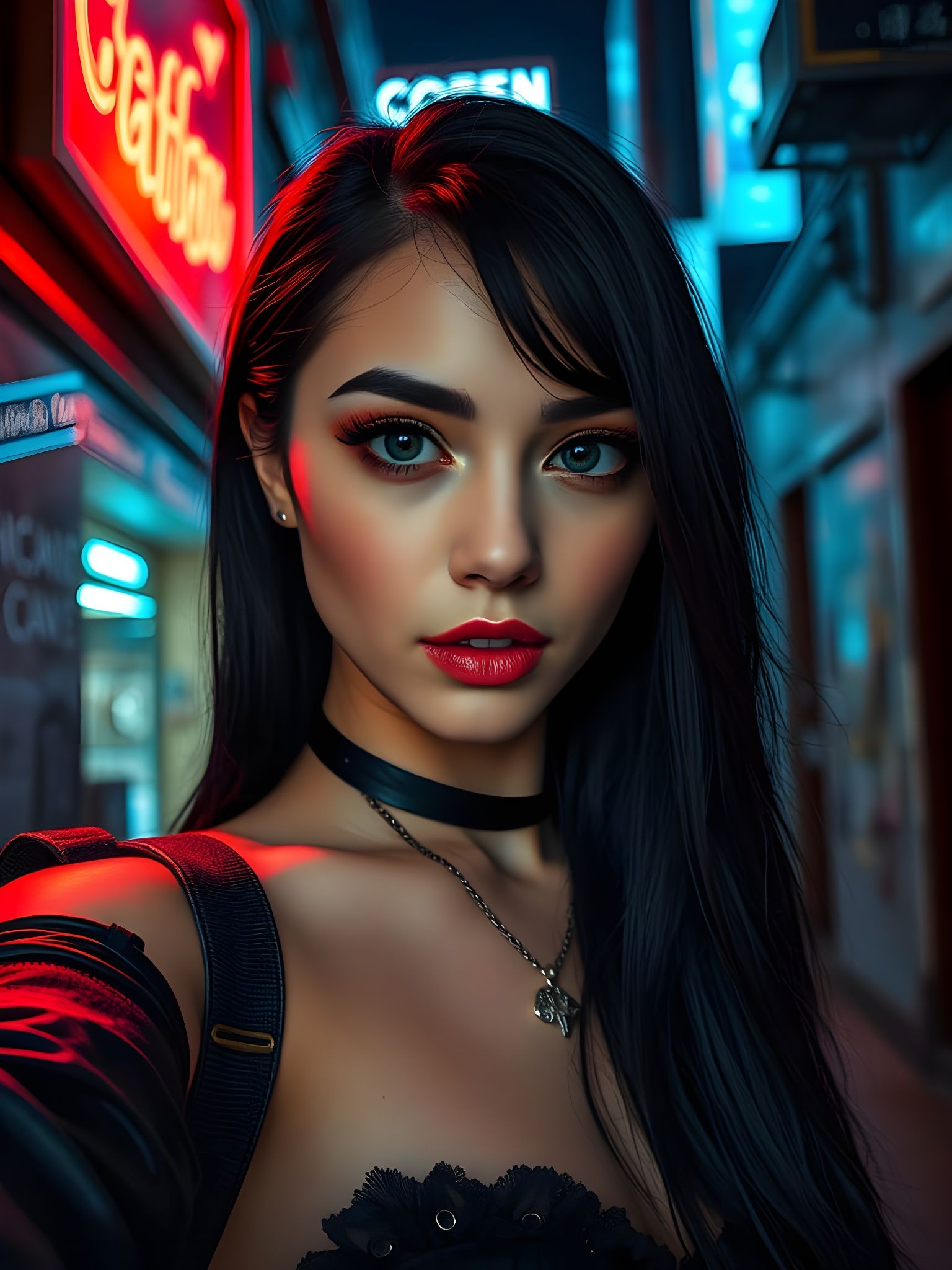 Ethereal Vampire Influencer in Neon Cityscape