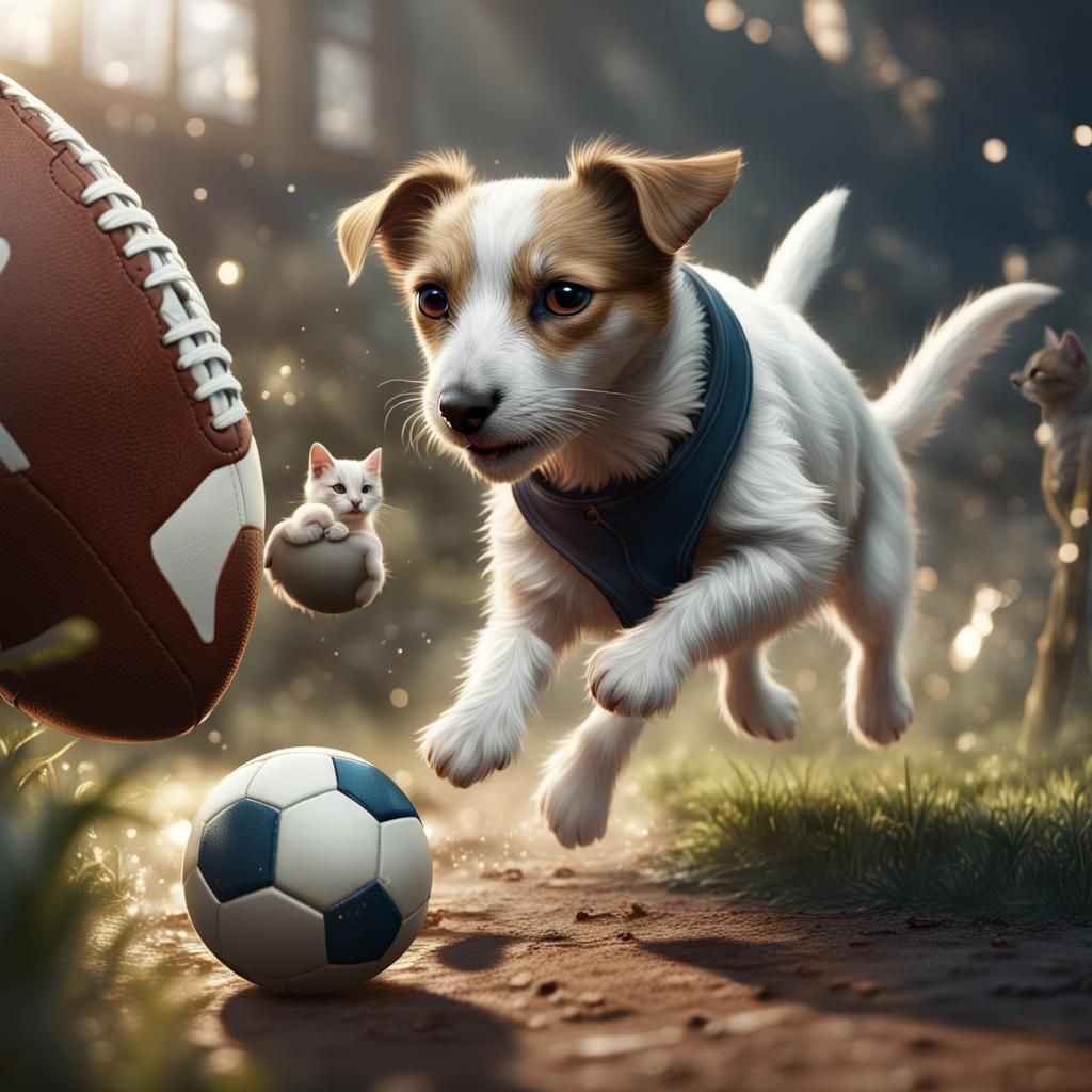 Jack Russell and Cat Football Game: Digital Art