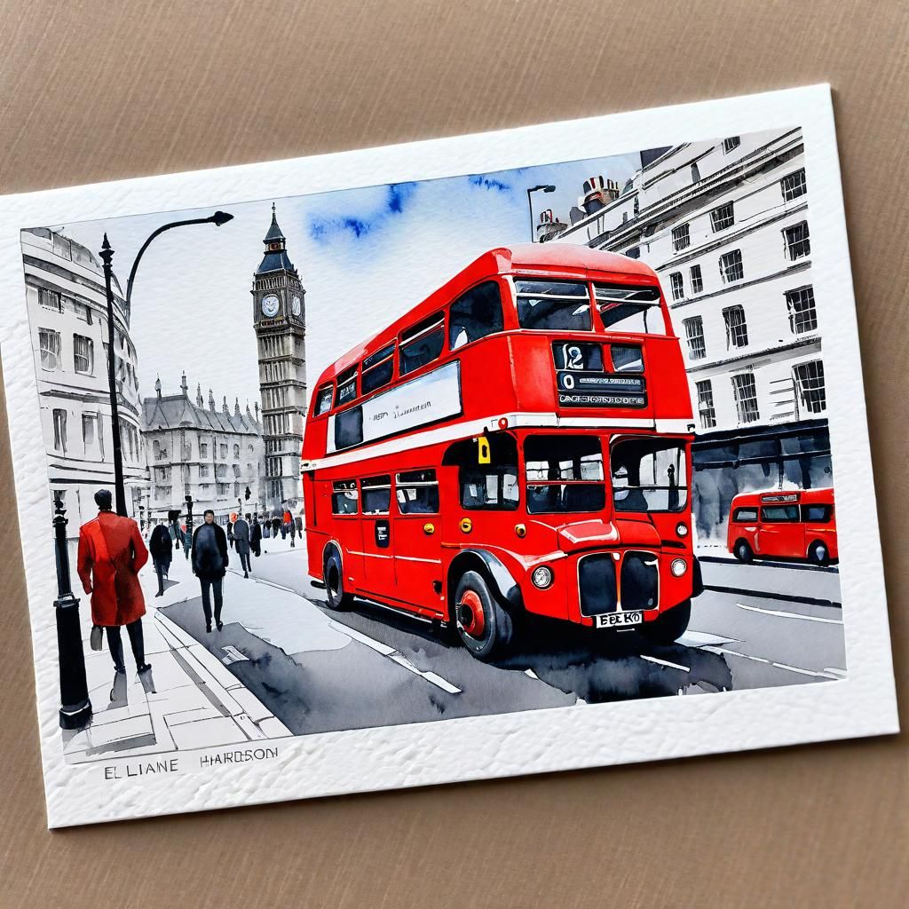 Red Bus on London Street: Watercolor Painting
