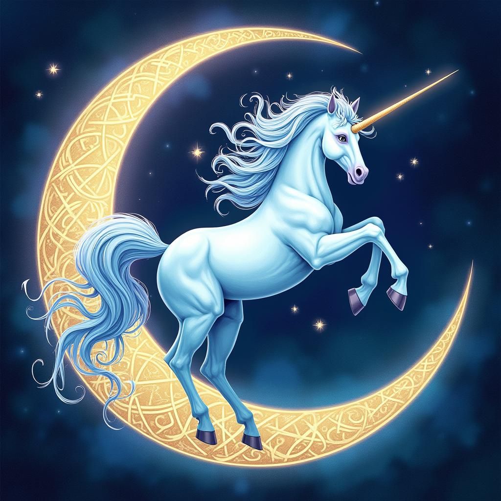 Mystical Unicorn in Celtic Crescent Moon Frame