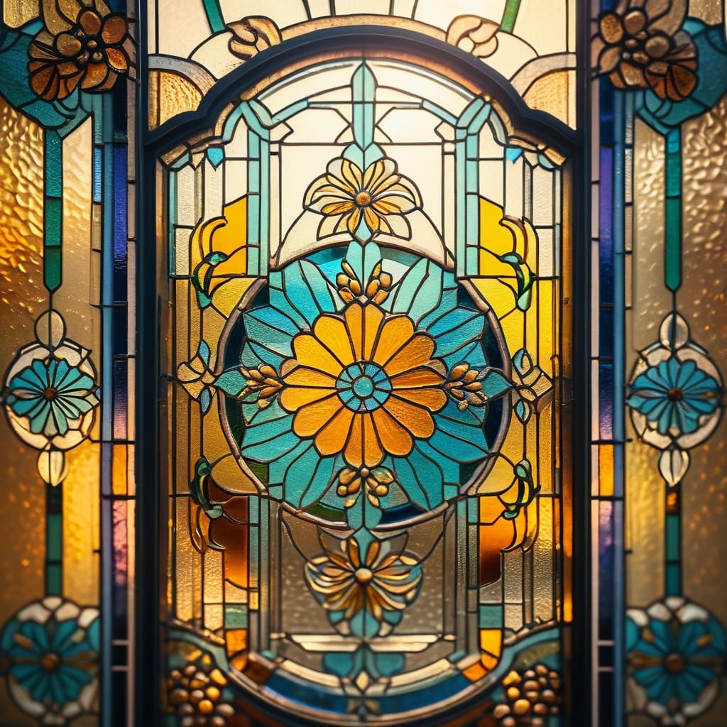 Art Deco Floral Stained Glass Door in Golden Light