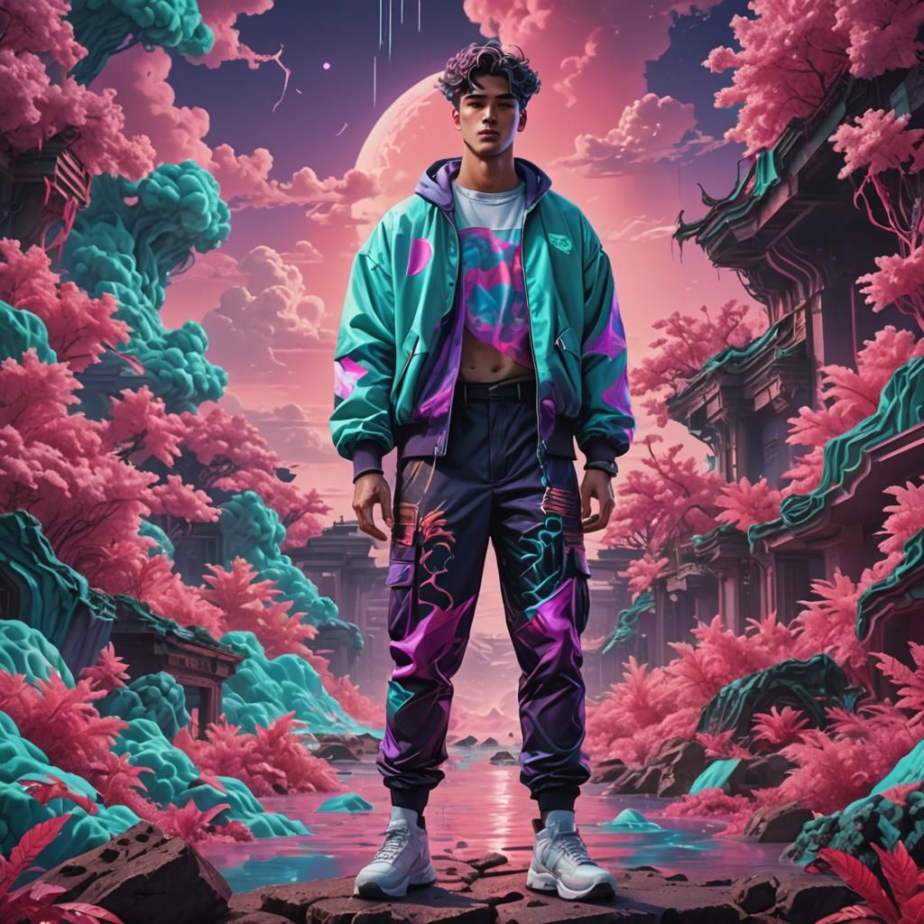 Vaporwave Portrait of a Handsome Young Man