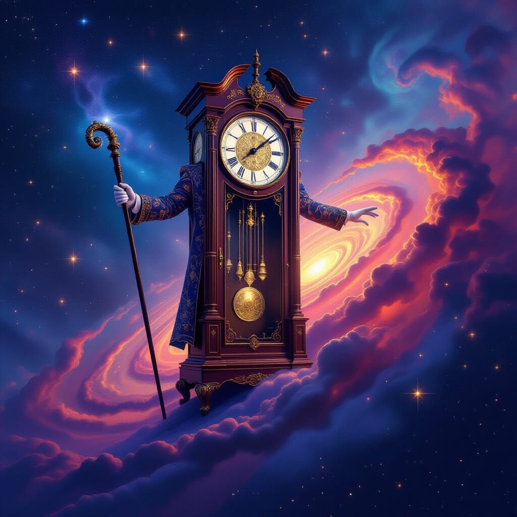 Cosmic Grandfather Clock on Nebula Edge