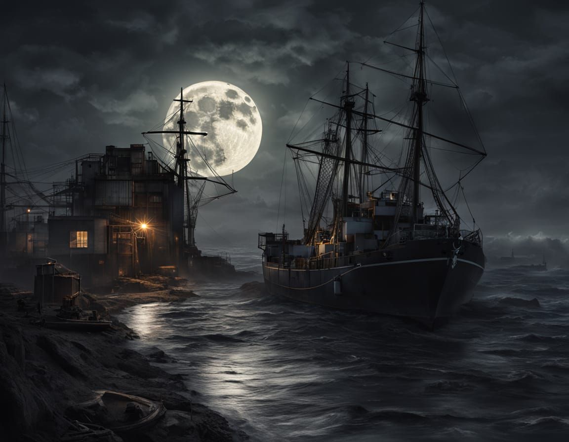 Haunted Harbor with Ghostly Ships in Moonlight