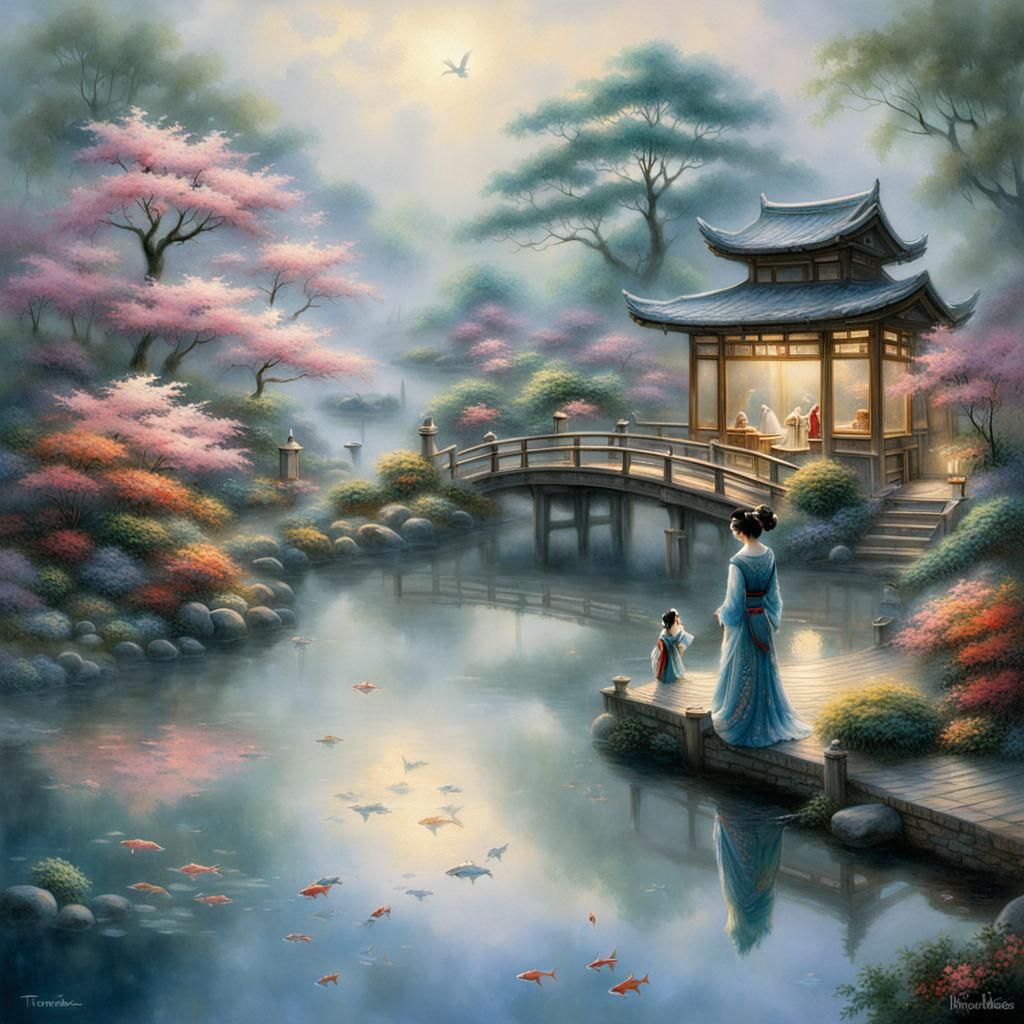 Ethereal Japanese Woman by Pond: Fantasy Art