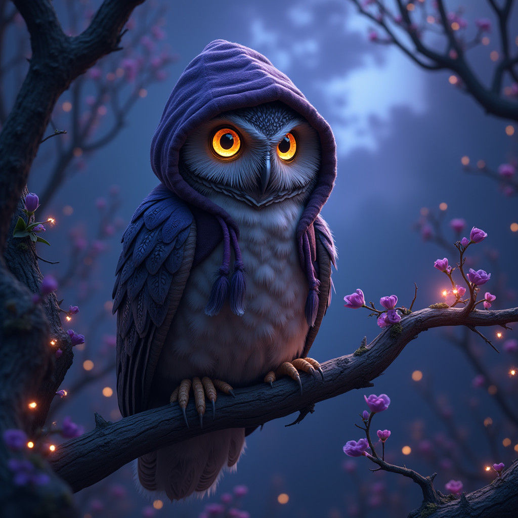 Mystic Owl in Hoodie on Glowing Branch