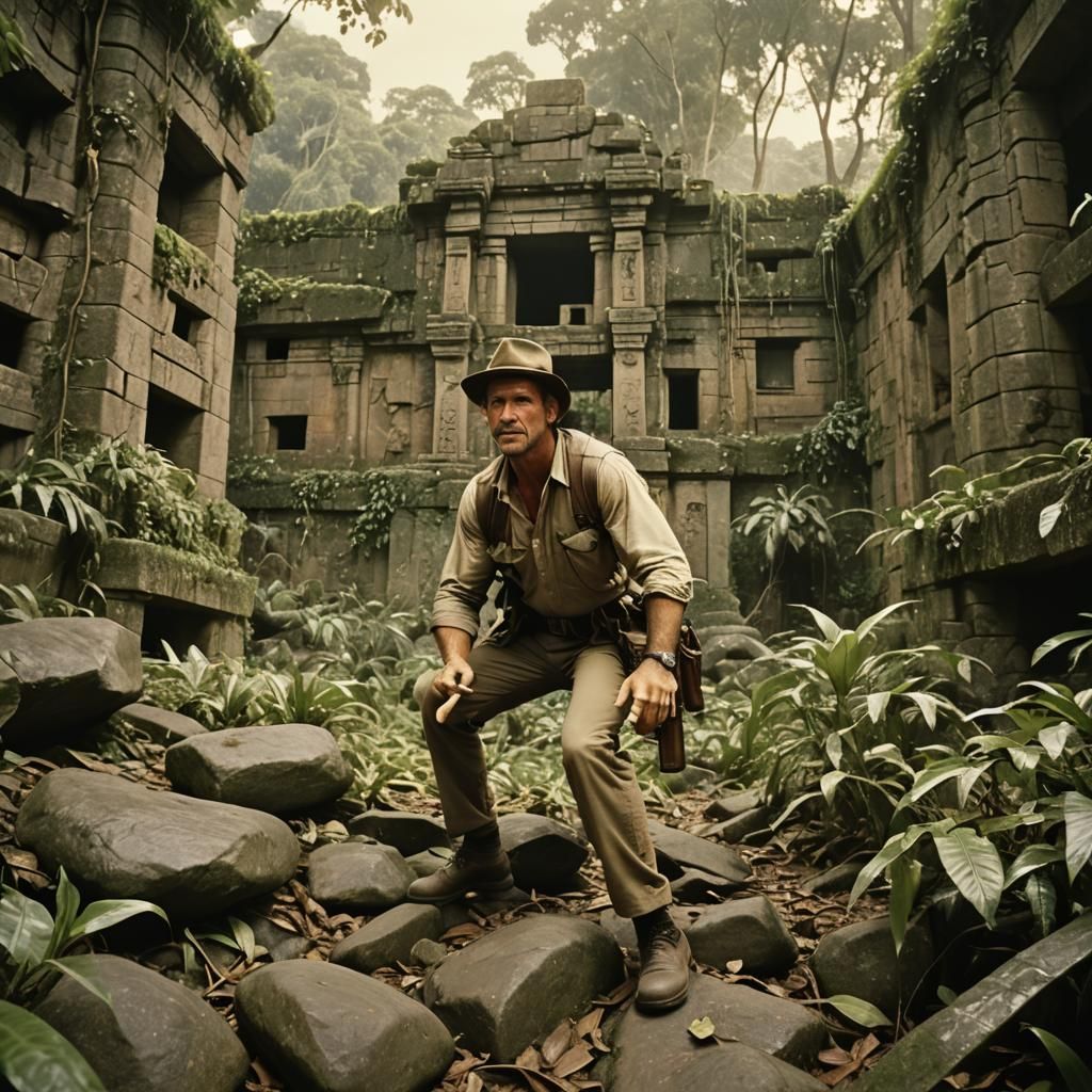 Jungle Ruins Fight Scene: Cinematic Film Still
