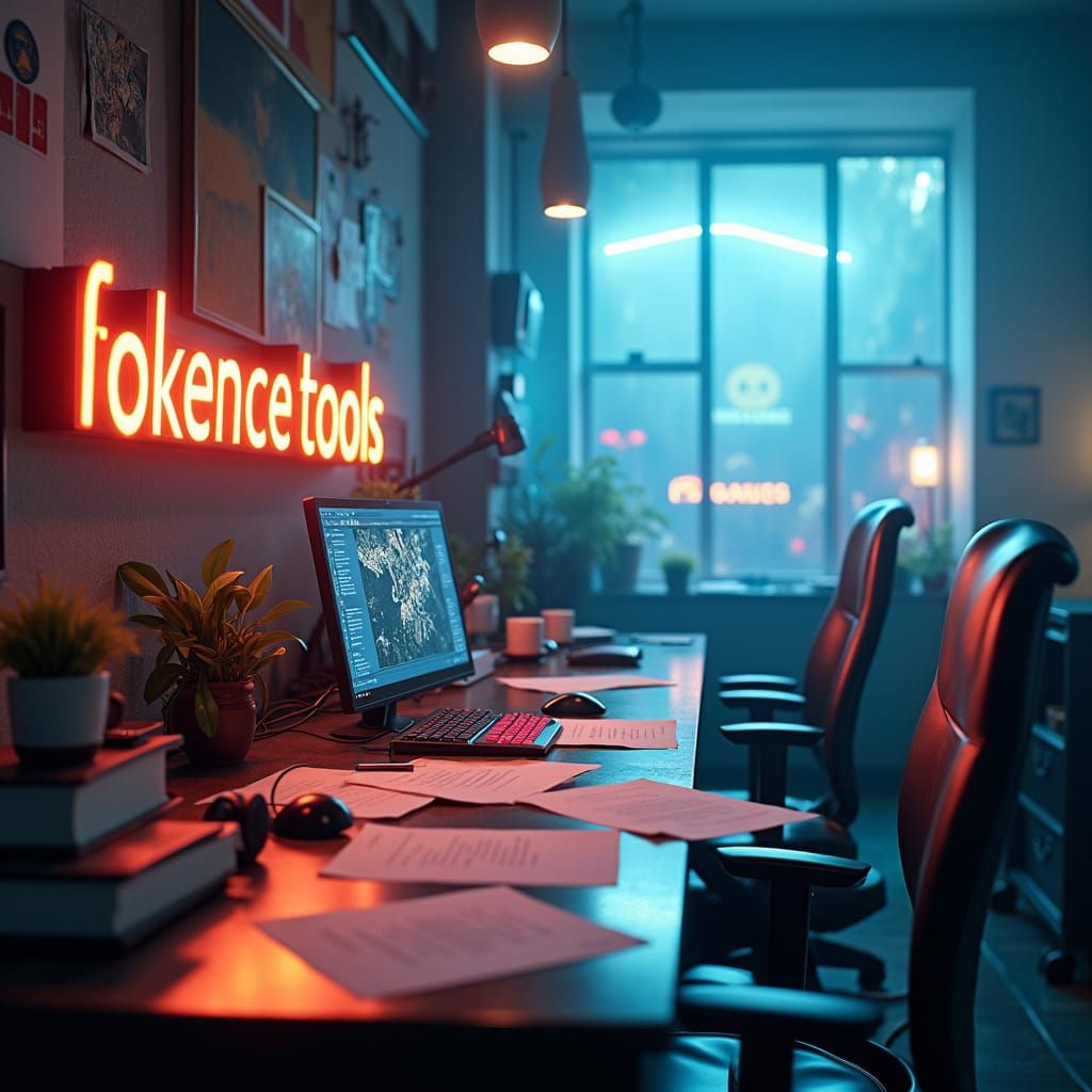 High-Tech Workspace with Fantasy Elements in Cyberpunk Style