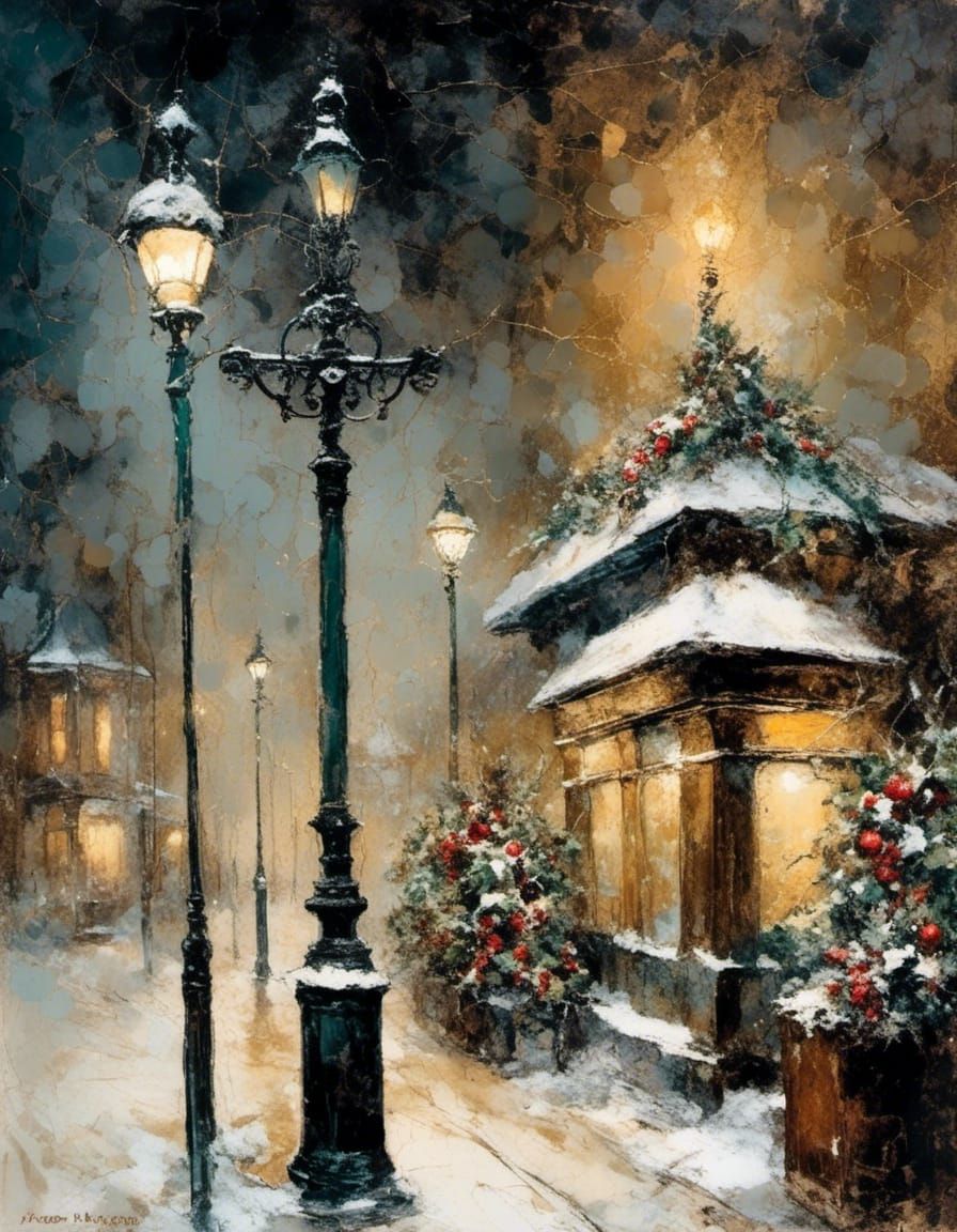 Festive Winter Street Scene with Holly in Alcohol Inks