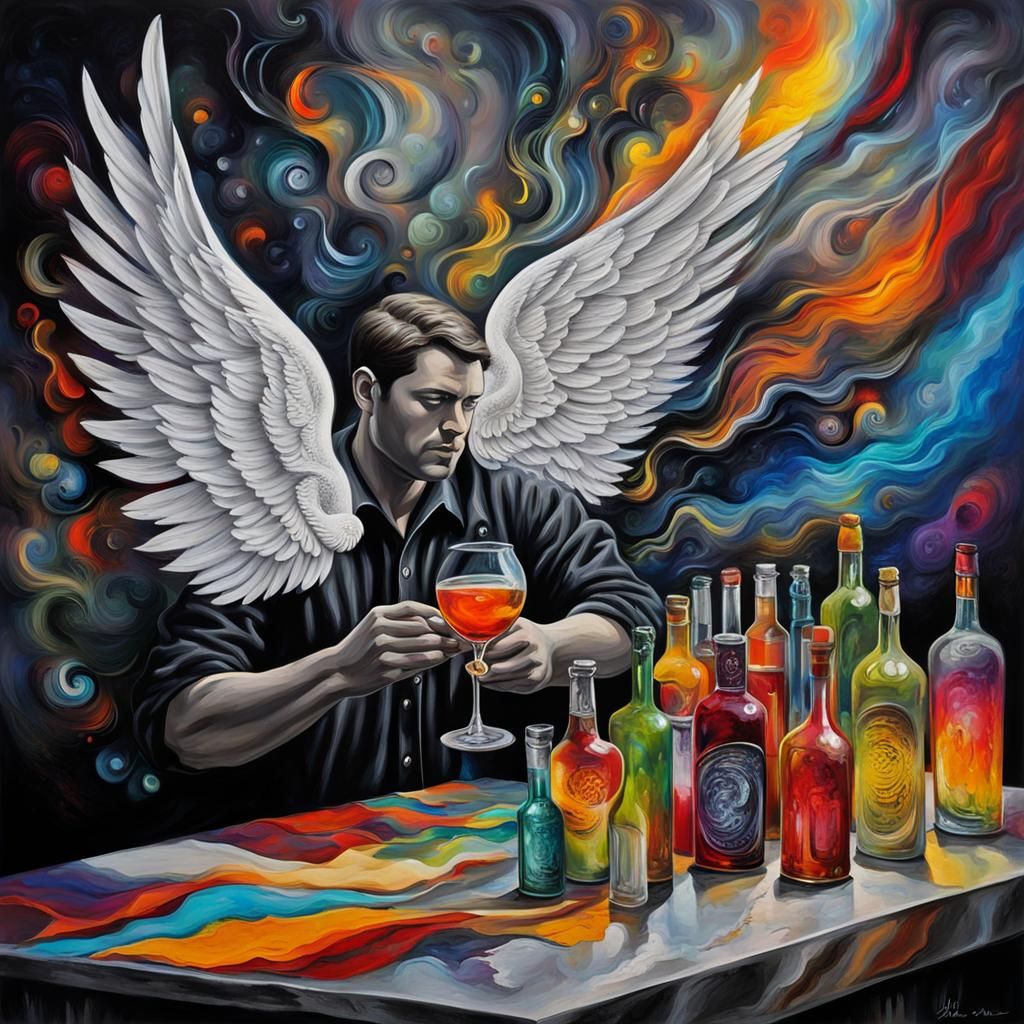 Winged Bartender in Dreamscape, Picasso-esque Composition
