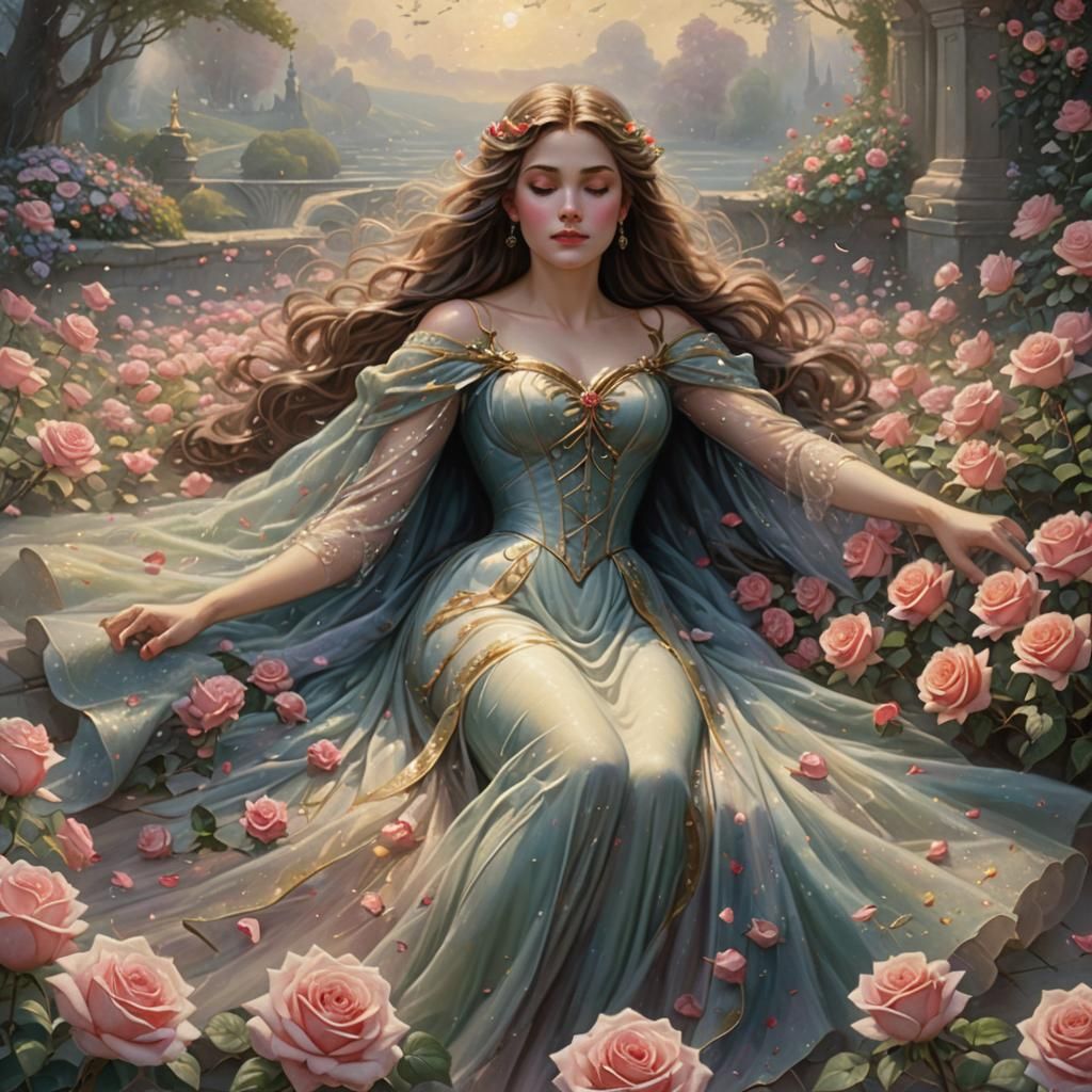 Ethereal Woman Surrounded by Roses in Hyperdetailed Fantasy