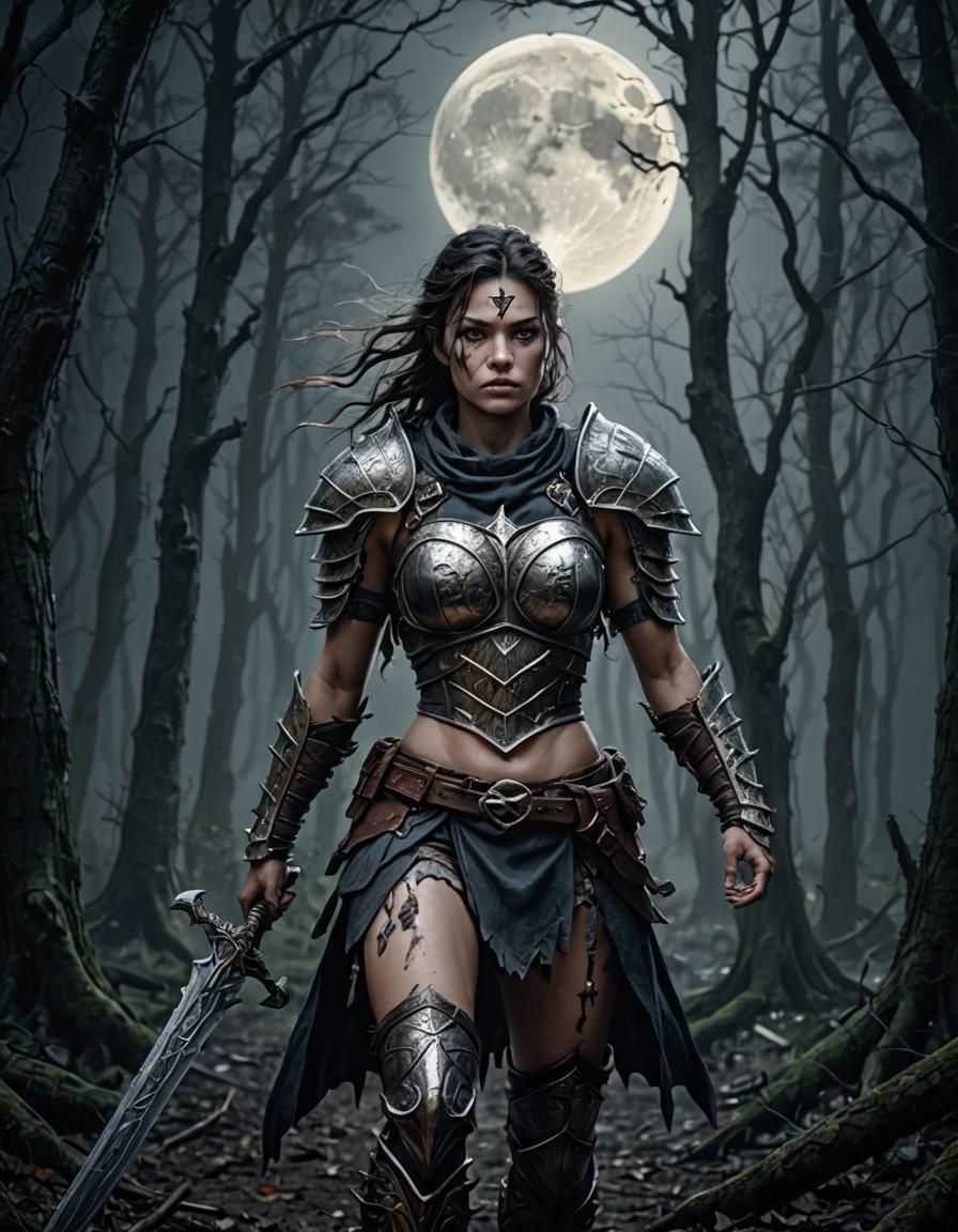 Fantasy Warrior in Gloomy Woods at Night