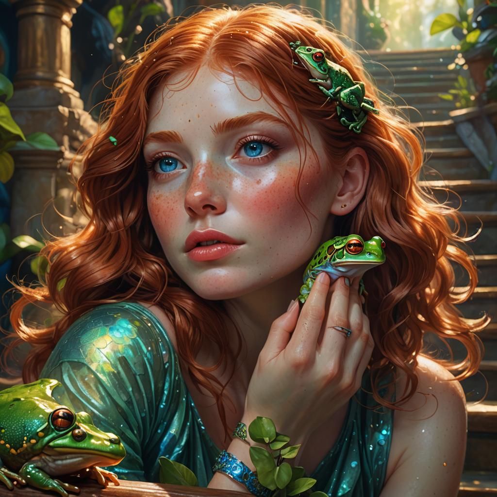 Girl Kisses Frog on Infinite Staircase: Hyperrealistic Art