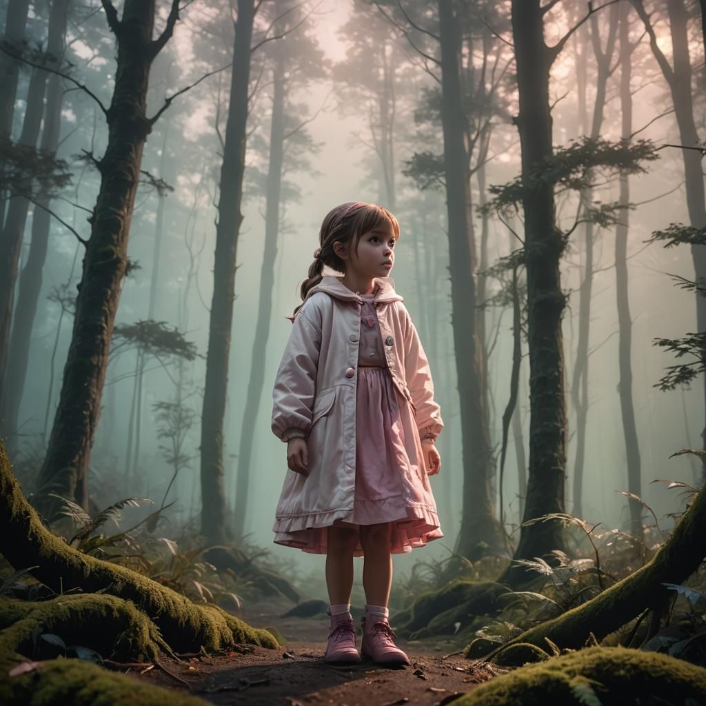 Girl in Foggy Forest: Whimsical Fantasy Art
