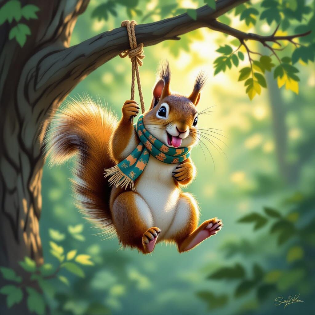 Playful Squirrel in Forest: Whimsical Digital Art