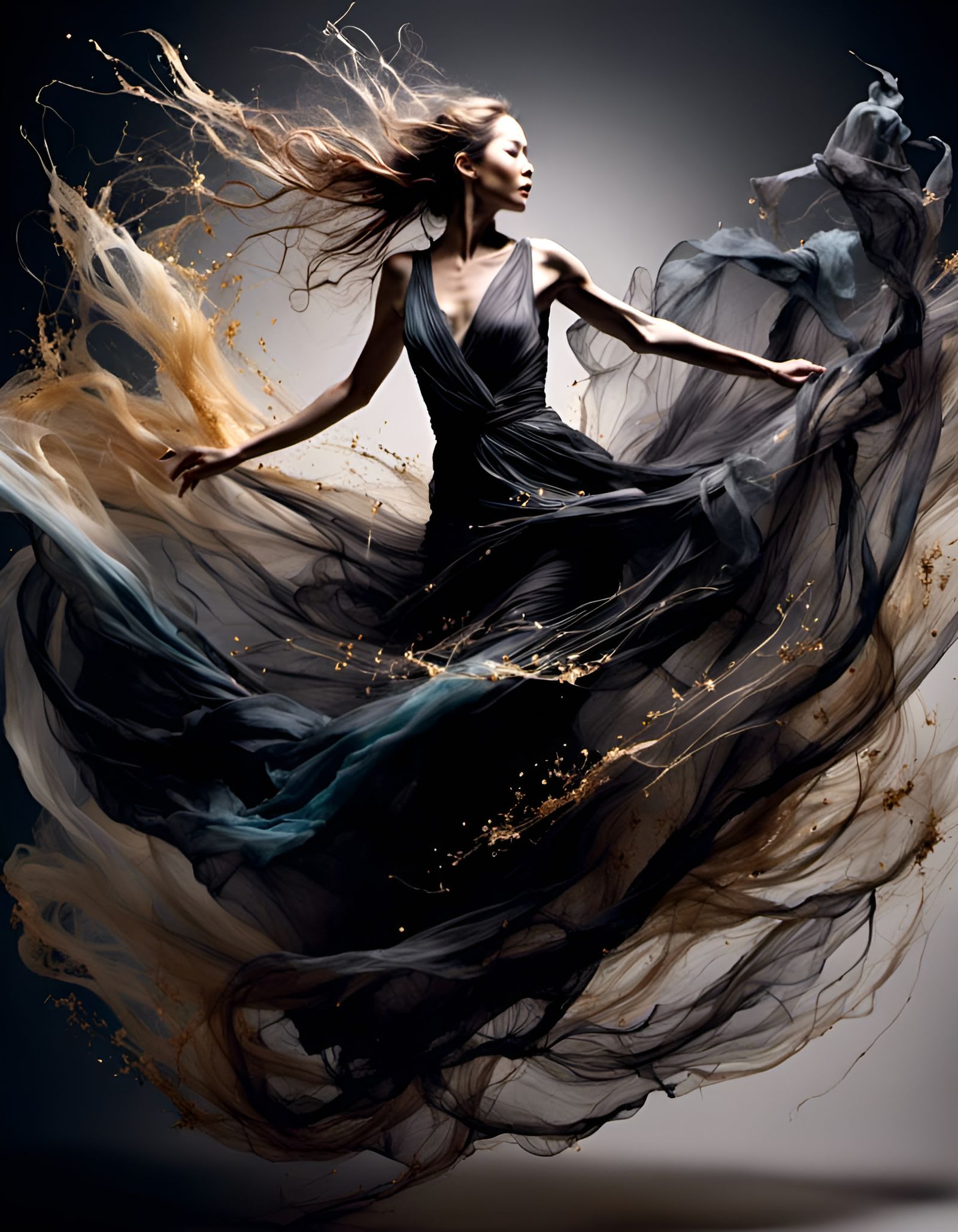 Ethereal Dancer in Flowing Black Fabric