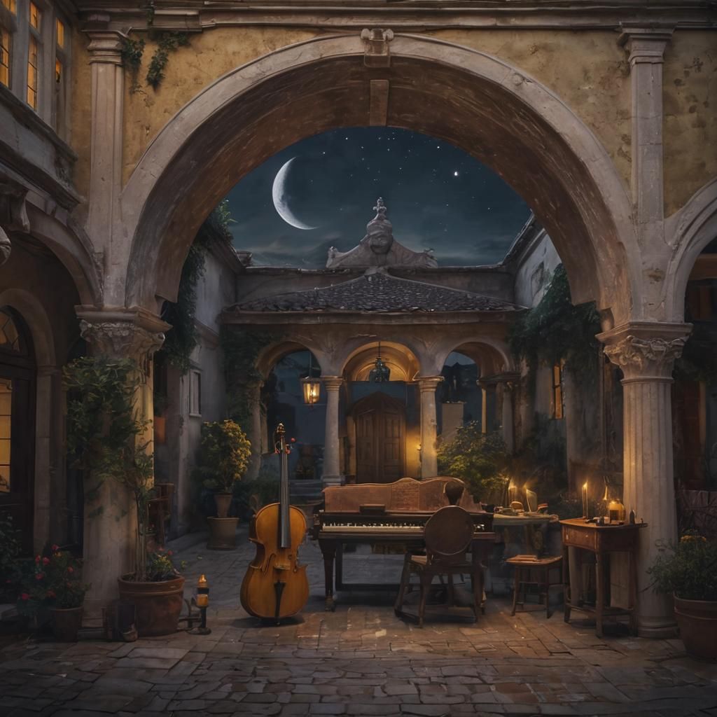 Courtyard Serenade Under Half Moon
