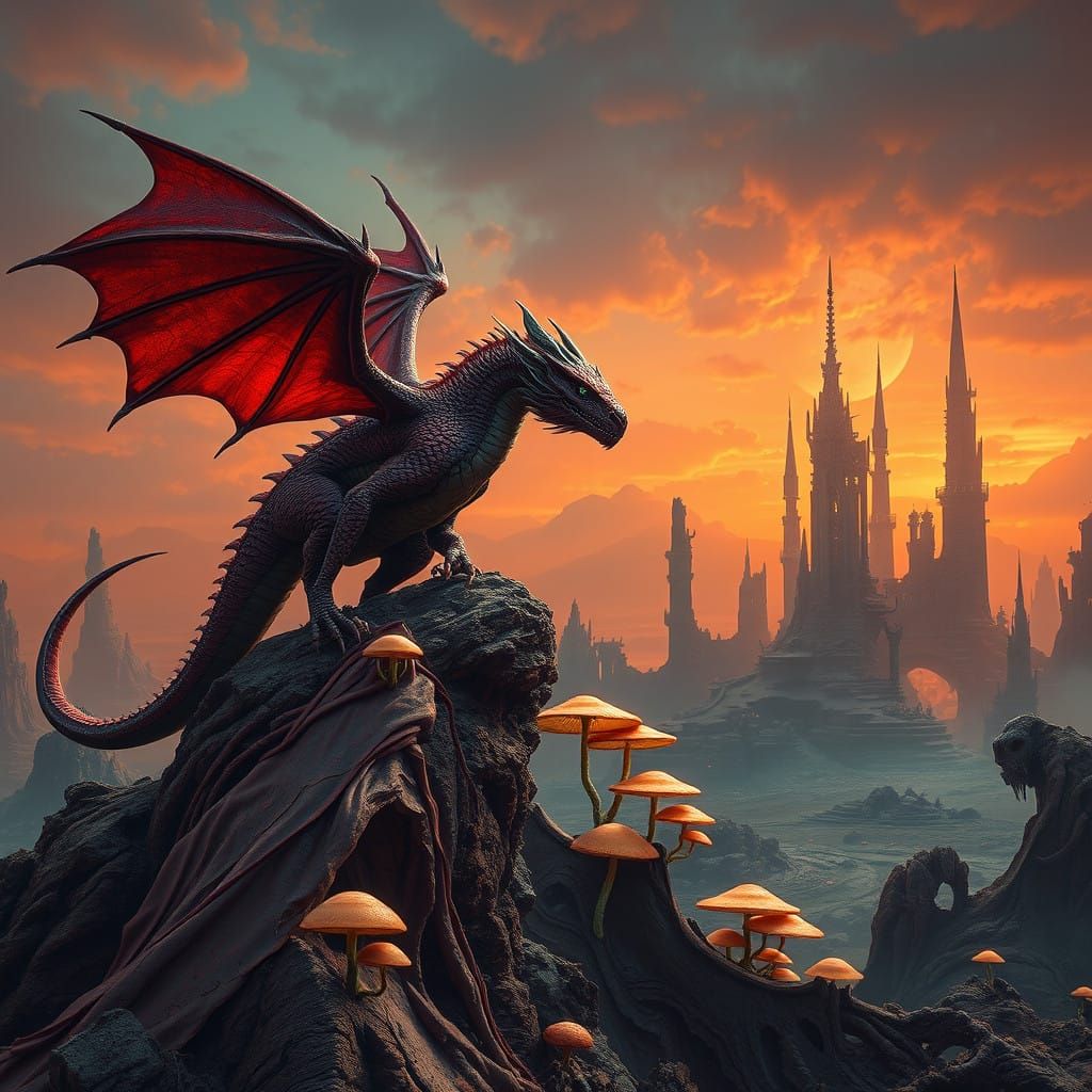 Dragon Over Dystopian Landscape in Cyberpunk Style