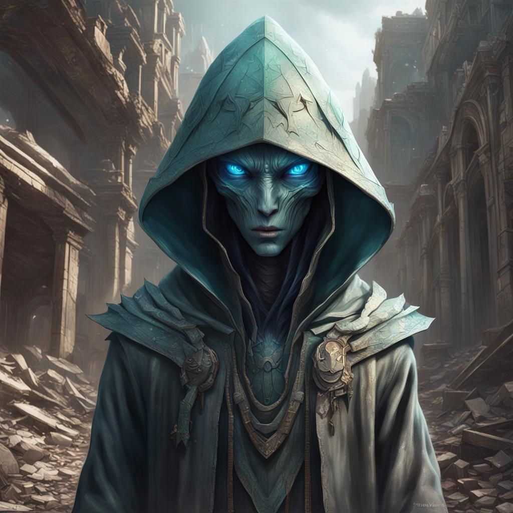 Hooded Alien Creature in Ruined City, Digital Art