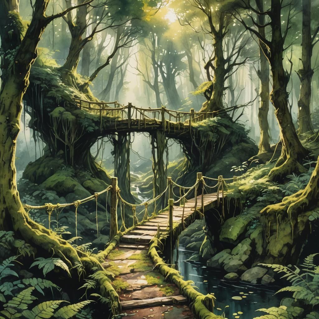 Enchanted Forest: Mossy Bridge in Watercolor Style