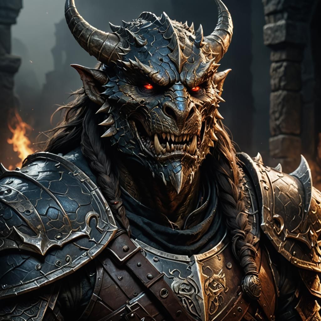 Menacing One-Eyed Dragonborn Warrior in Dark Fantasy Art