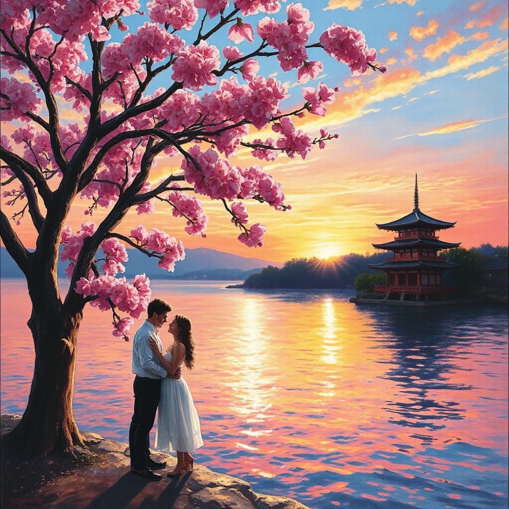 Romantic Sunset Over Ocean with Couple Under Cherry Blossoms