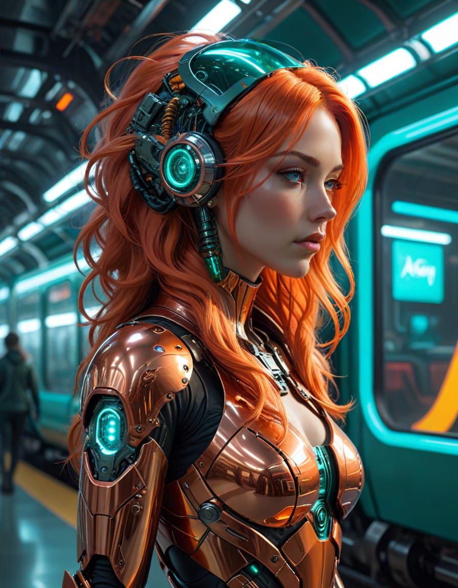 Futuristic Cyborg Technician on a Green Train