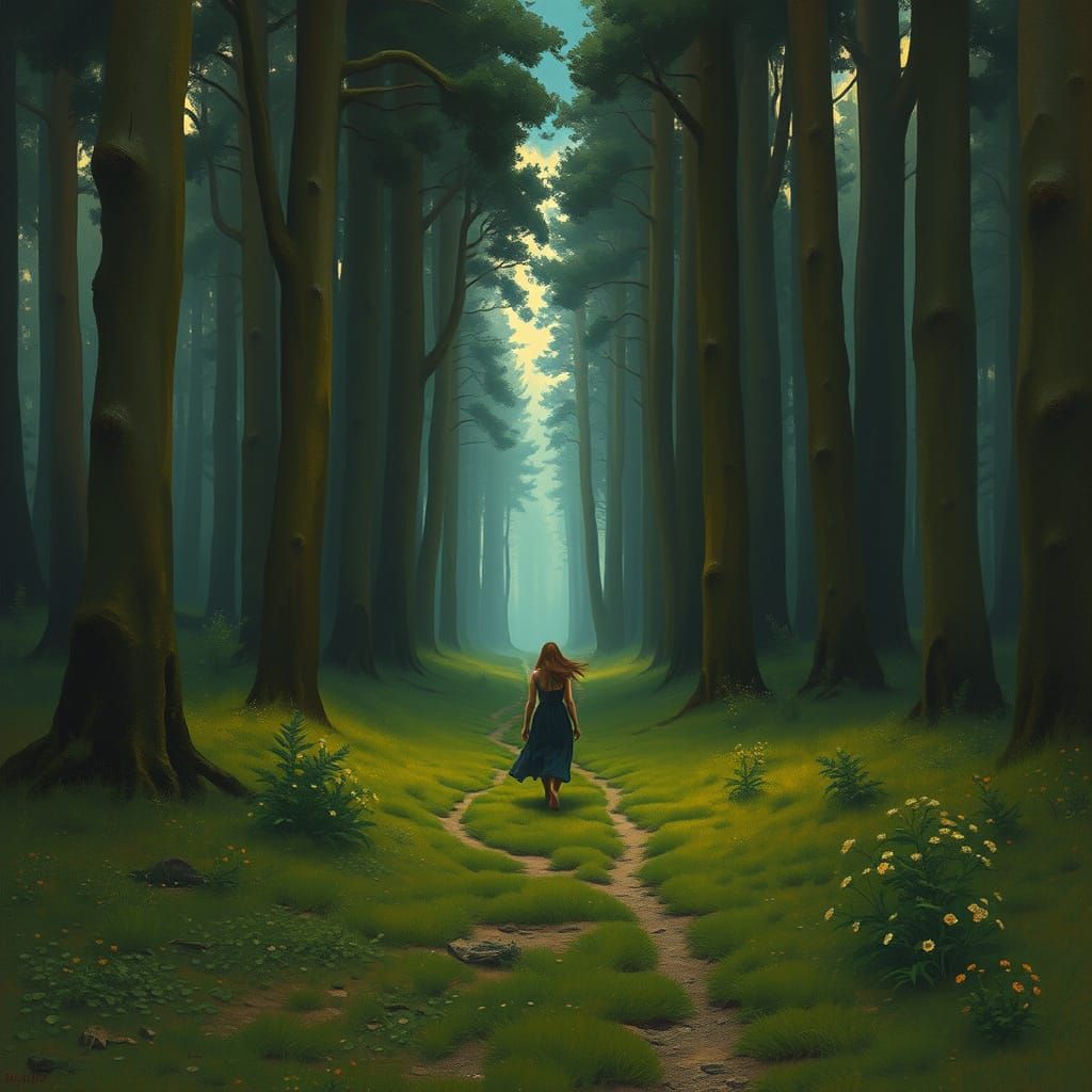 Mystical Woman Walks Through Enchanted Forests in Vibrant Co...