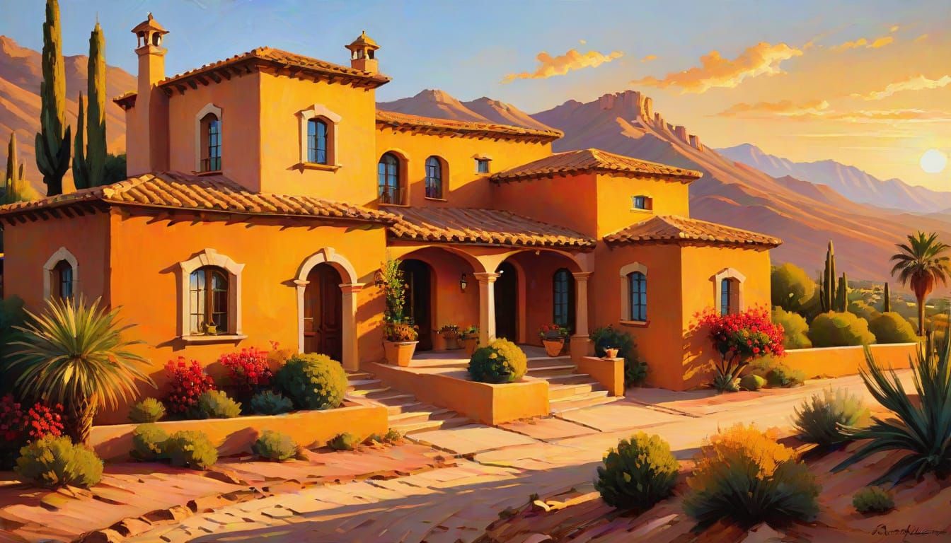 Impasto Spanish Villa in Desert with Golden Light
