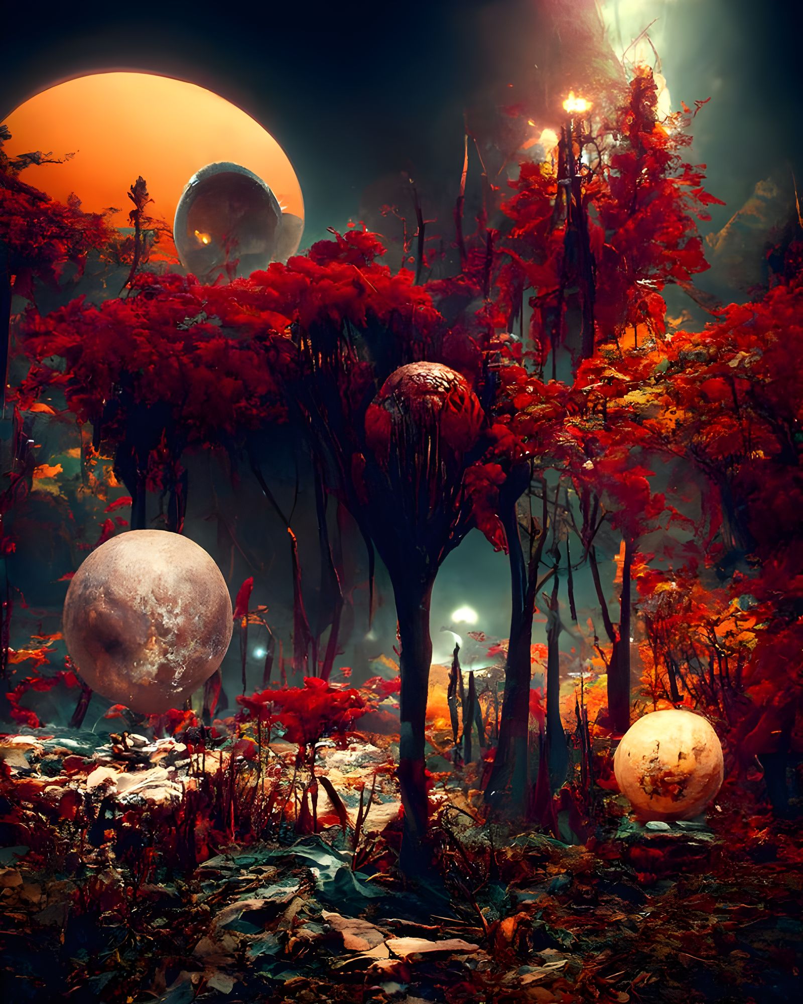 Mystical Alien Moonrise Over a Forest Lake