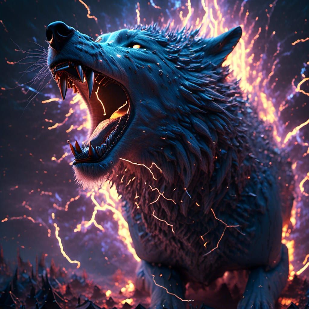 Holographic Lightning Wolves Rising in 3D Digital Art