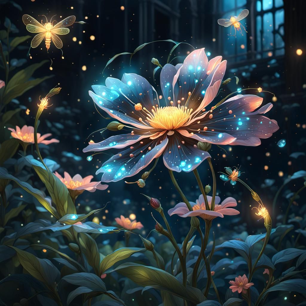 Bioluminescent Flower at Midnight: Hyperdetailed Concept Art