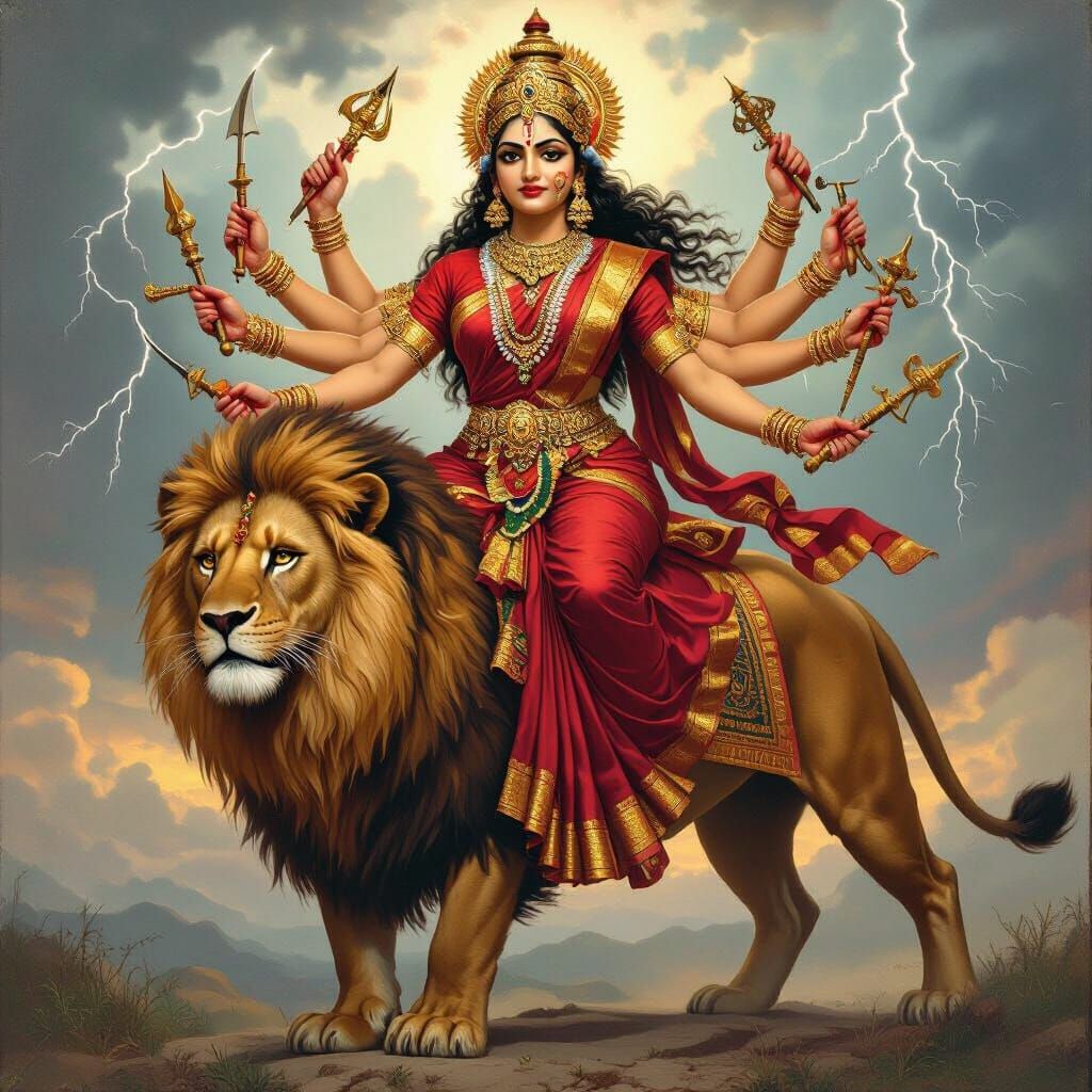 Maa Durga Riding Lion in Raja Ravi Varma Style