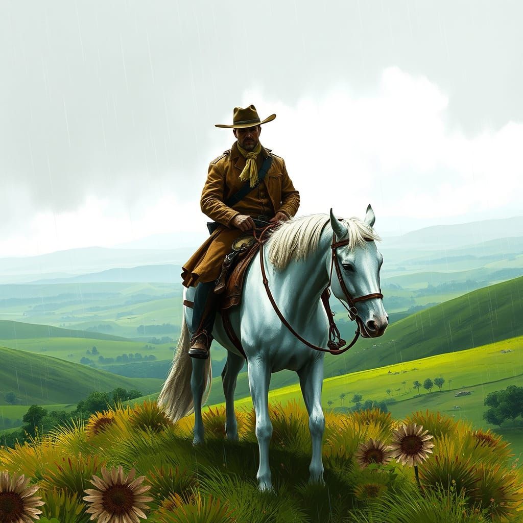 Cowboy on Horseback Overlooking Lush Plains