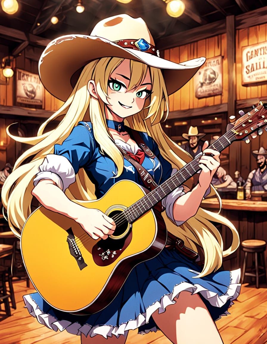 Anime Cowgirl Plays Acoustic Guitar in a Saloon