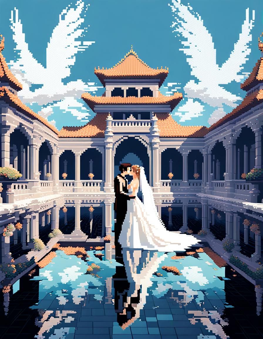 Pixel Art Catgirl Wedding in Divine Palace