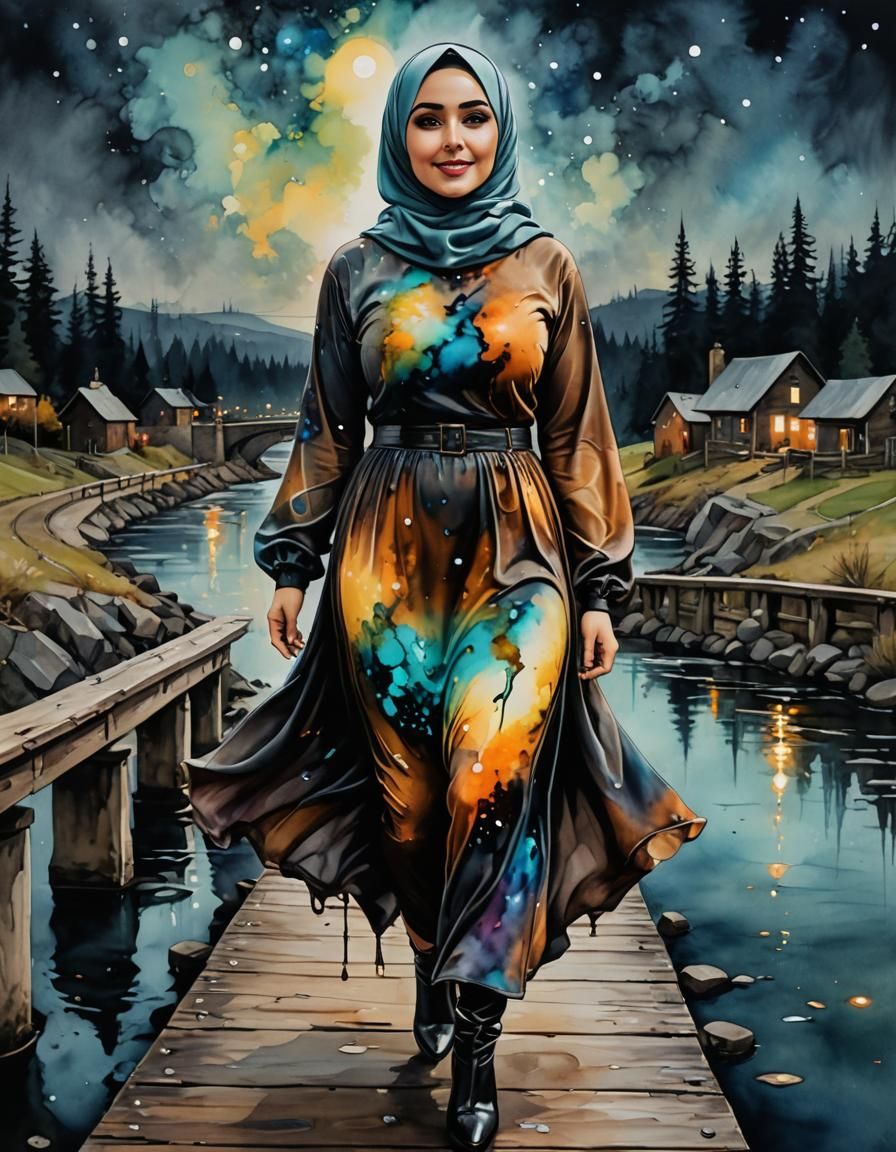 Surreal Hijabi Woman on Bridge in Alcohol Ink Style