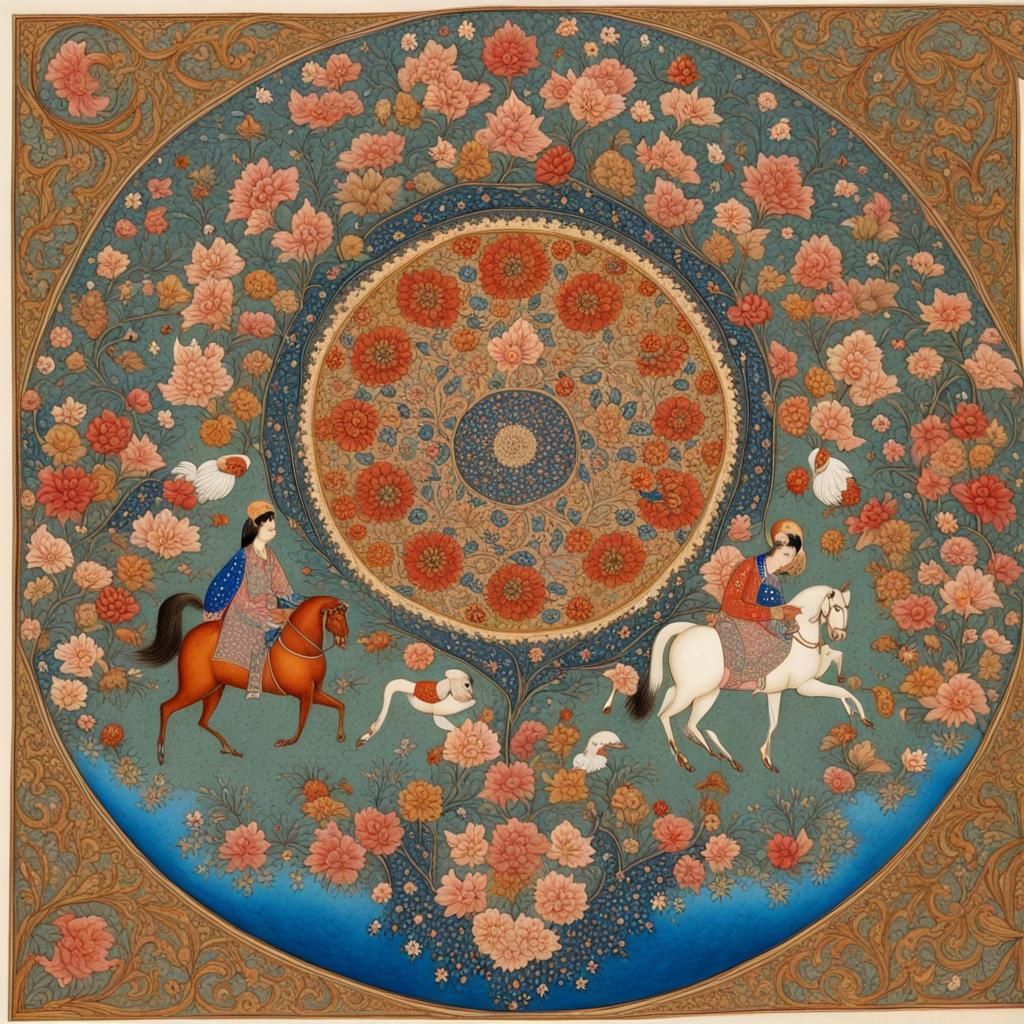 Detailed Persian Miniature Painting with Decorative Style