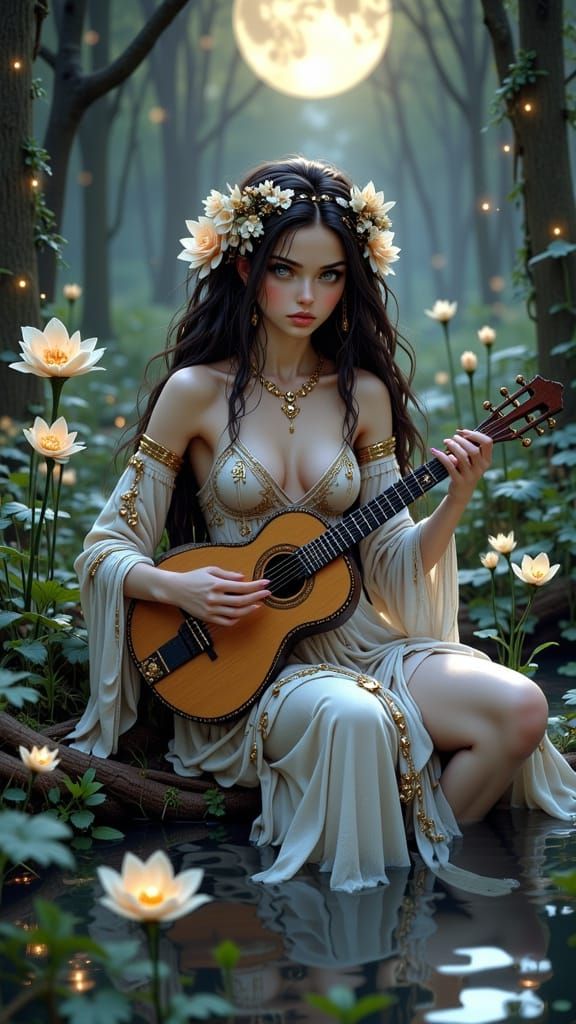 Fairy Musician in Moonlit Pond with Steampunk Accents