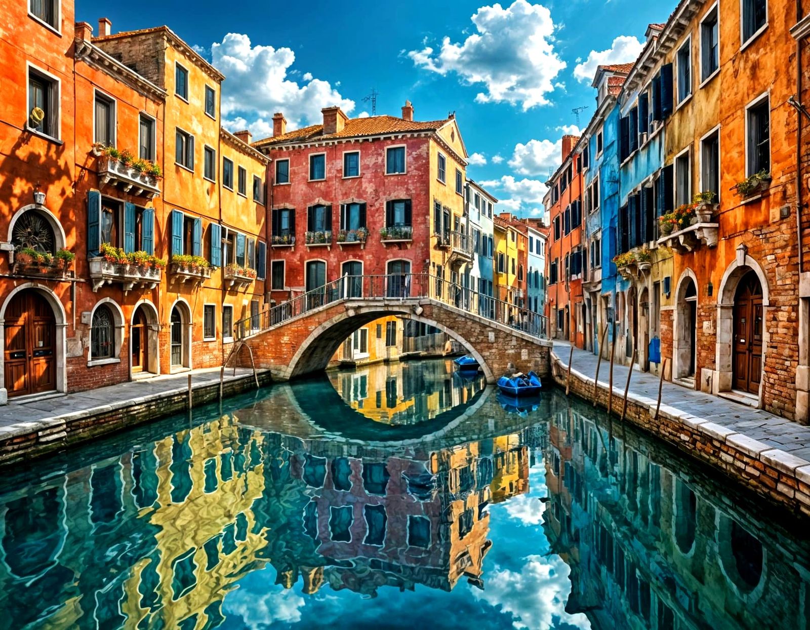 Colorful Venetian Canal with Ancient Bridge, Fantasy Art