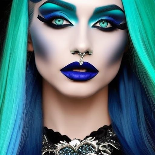 Ethereal gothic witch with beautiful vibrant blue hair& green eyes& vibrant blue eyeshadow& Black eyeliner& vibrant blue...