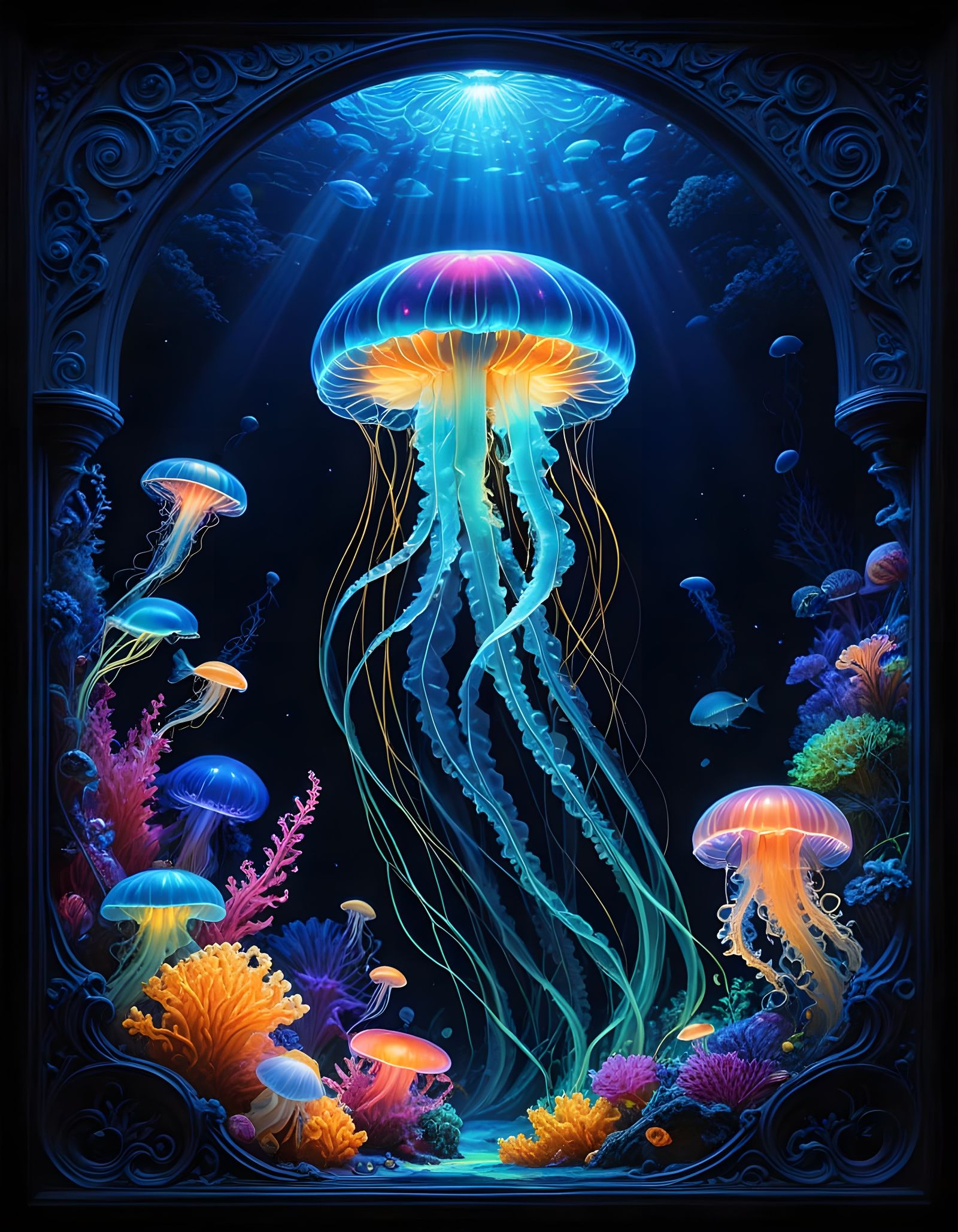 Glowing Bioluminescent Jellyfish in Deep Blue Underwater Wor...